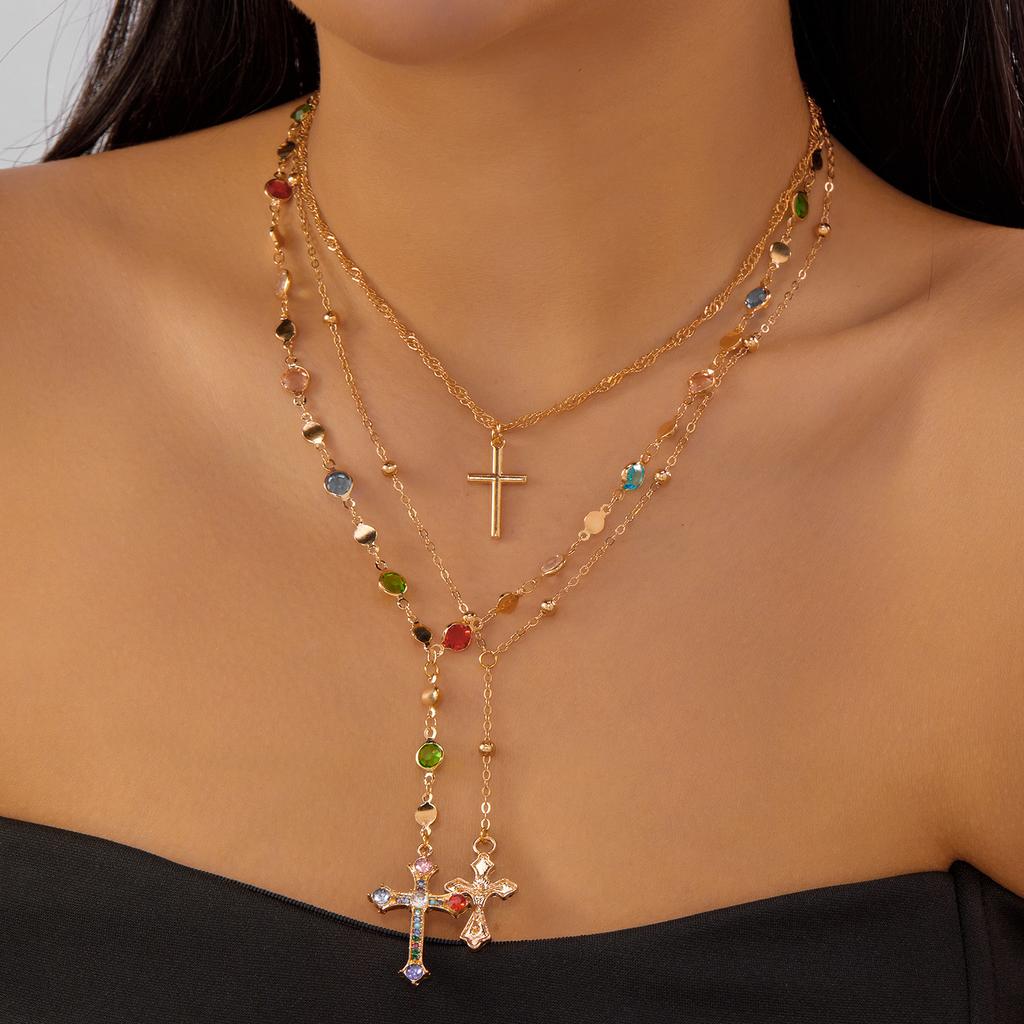 Fashion tassel necklace, light luxury color diamond-encrusted cross multi-layer long Y-shaped stacked necklace
