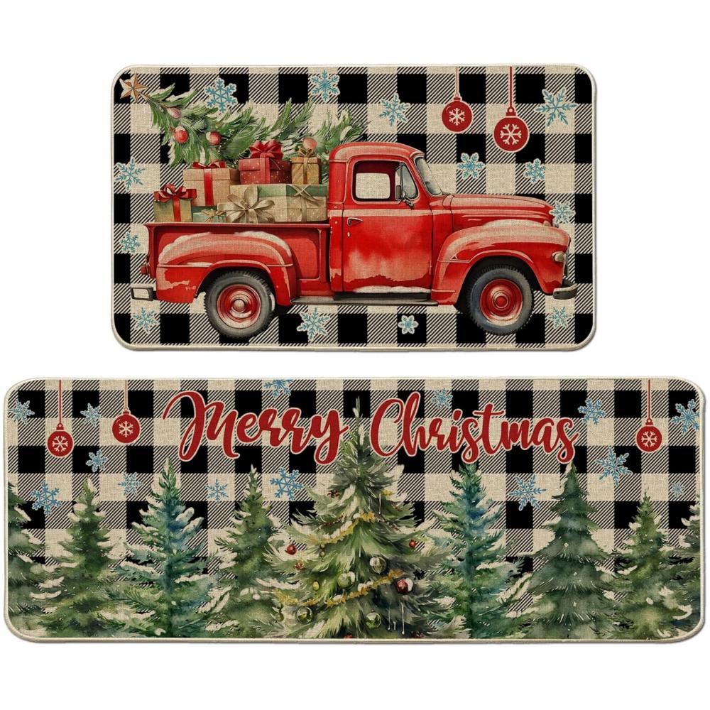 2pc  Christmas American Retro Red Truck Carpet Home Decor, Non-Slip And Dirt-Proof, Kitchen And Dining Room Floor Mats Set