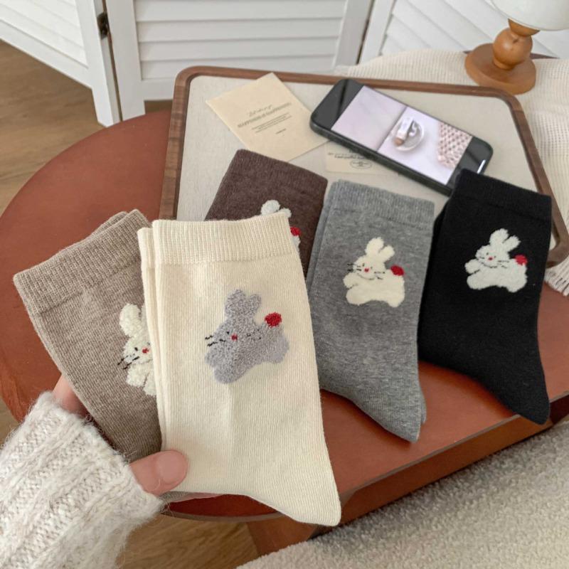 Ladies Autumn New Simple Assorted Cute Bunny College Style Breathable Sweat-absorbing Tube Cotton Socks
