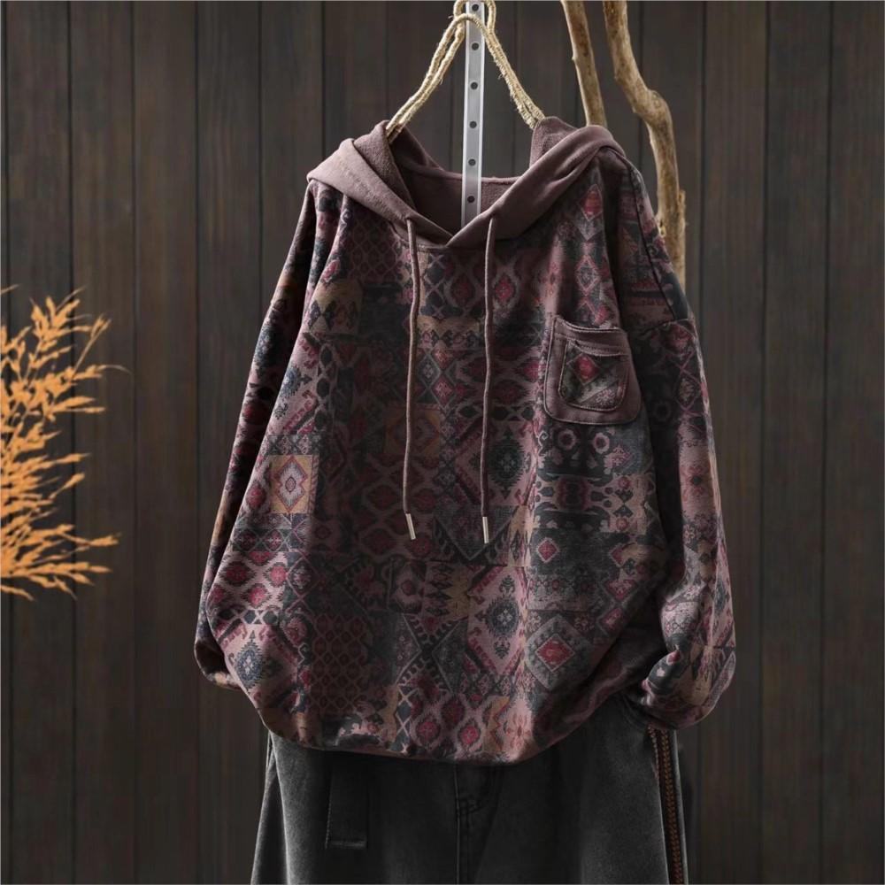 Johnature Women Vintage Hooded Pullover Sweaters Print Floral Patchwork Pockets Autumn Knitted Casual Female Sweaters