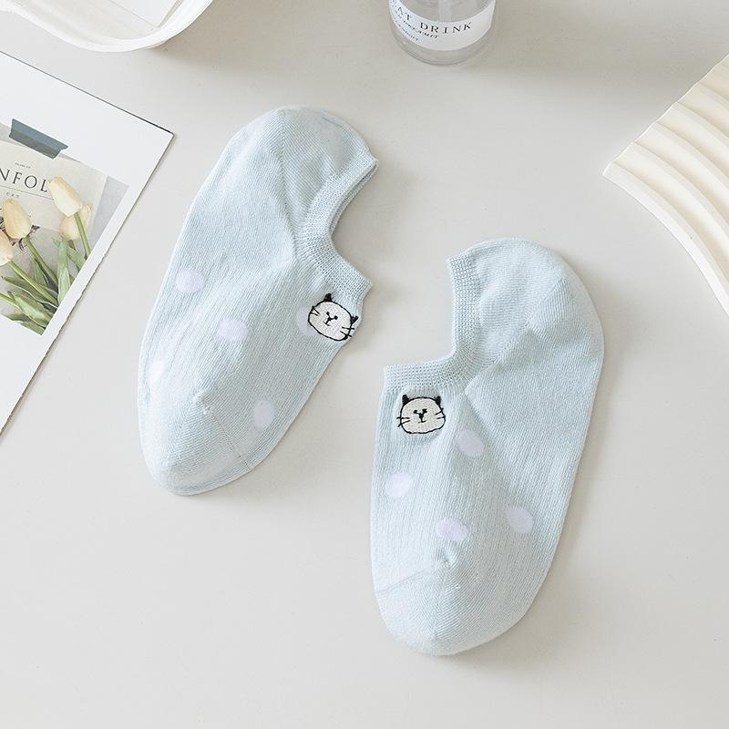 Women's Summer Thin Polka Dot Embroidered Kittens with Shallow Mouth Non Slip Invisible Boneless Boat Socks