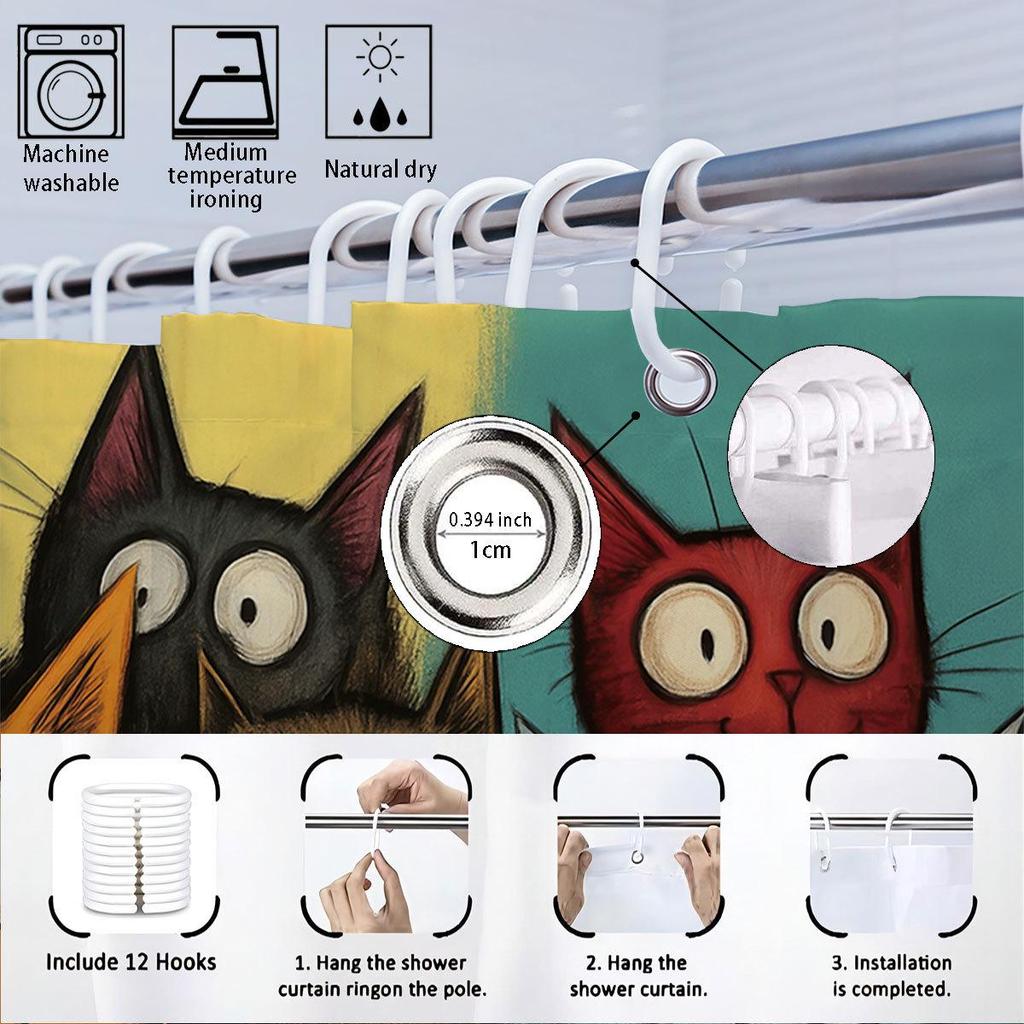 Abstract Frizzy Kitten Waterproof Bathroom Shower Curtain with Hooks