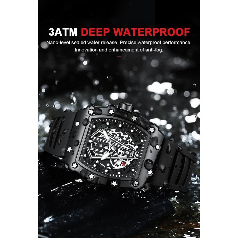 POEDAGAR Moderne Hohlzifferblatt Uhr Sport Top Marke Tonneau Wasserdicht Leuchtend Kalender Silikonarmband Herren Uhren Reloj Hombre