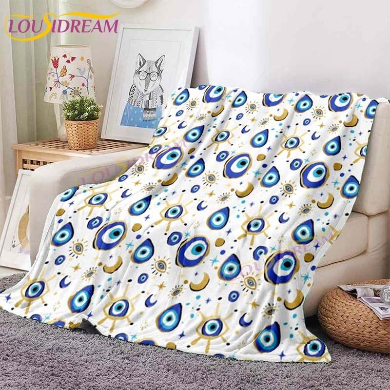 Evil Eye Blanket Turkish Nazar Spiritual Art Blanket Vintage Mid Century Flannel Blanket Sofa Chair Throw Blanket Travel Blanket