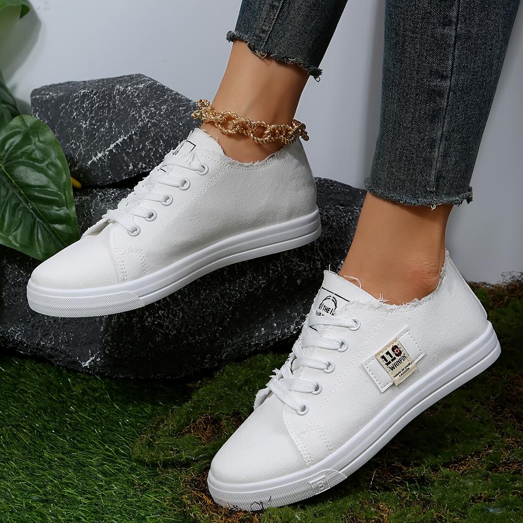 Women's Solid Color Canvas Shoes, Casual Lace Up Outdoor Shoes, Lightweight Low Top Sneakers