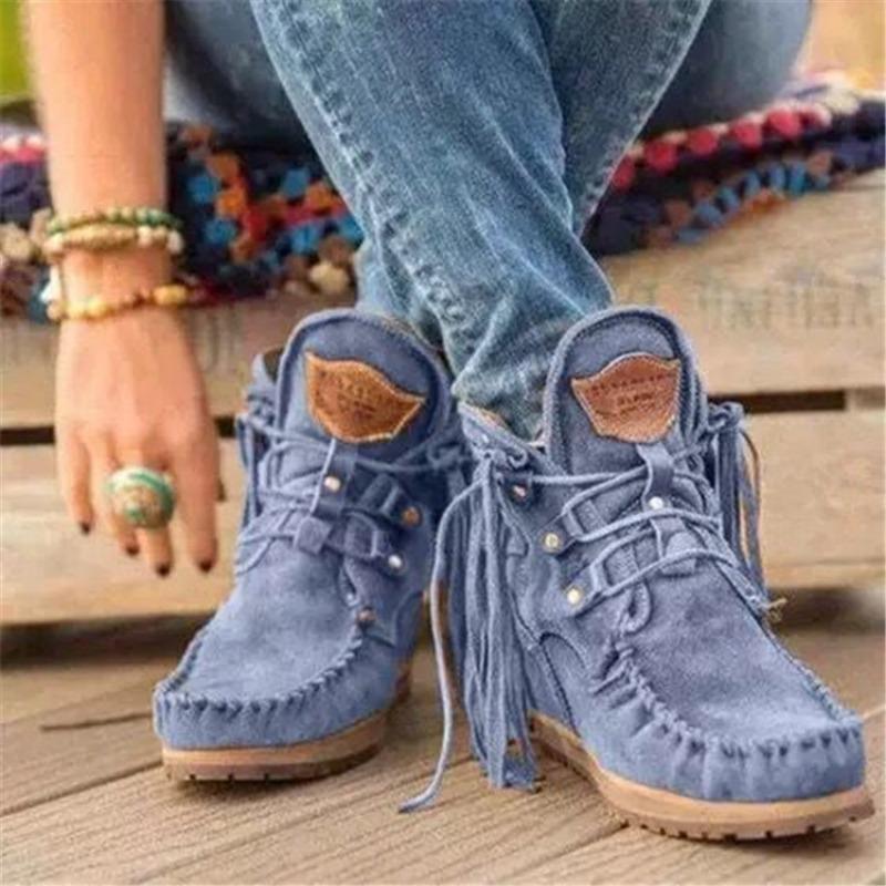 

20 Winter new thick-soled 0-4 fringed boots lace-up women s short boots k large-size rivet bare boots 43