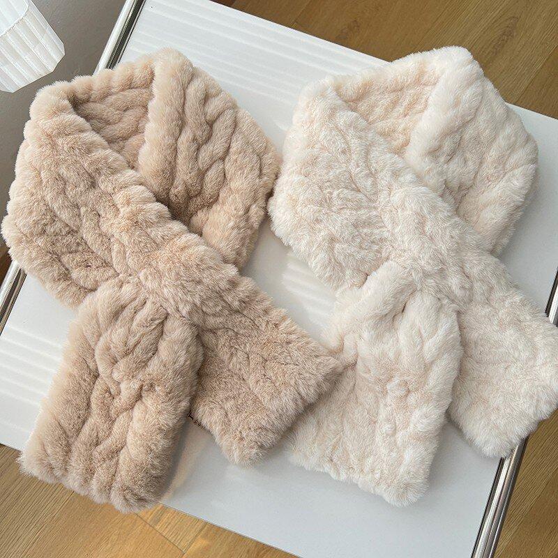 Thickened version of soft waxy wool scarf, female Korean version of solid color versatile cross short imitation Rex rabbit scarf, autumn