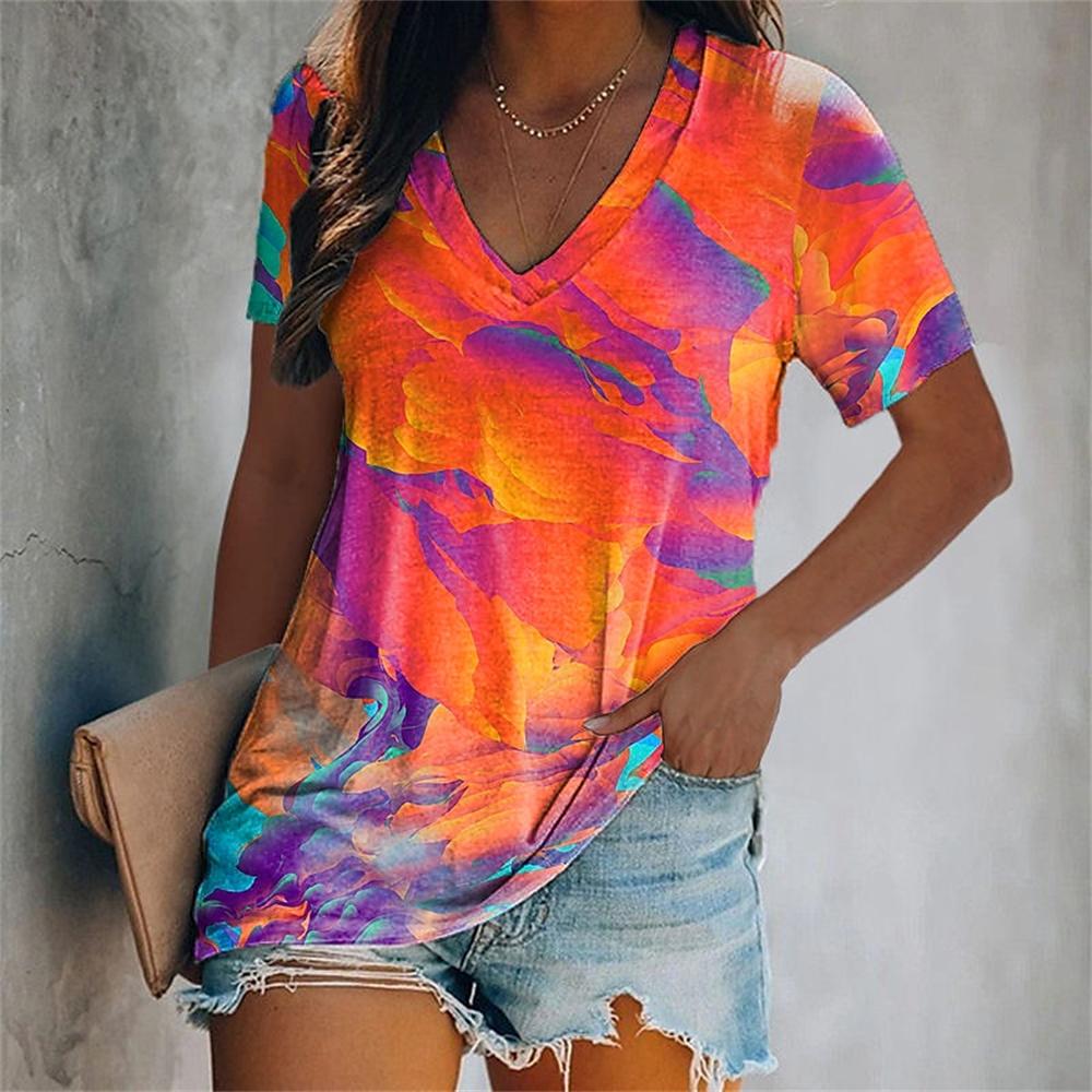 Fashion V-Neck Short Sleeve Colorful Tassels Print T-Shirts Summer Casual Elegant Women's Large Size T-Shirts
