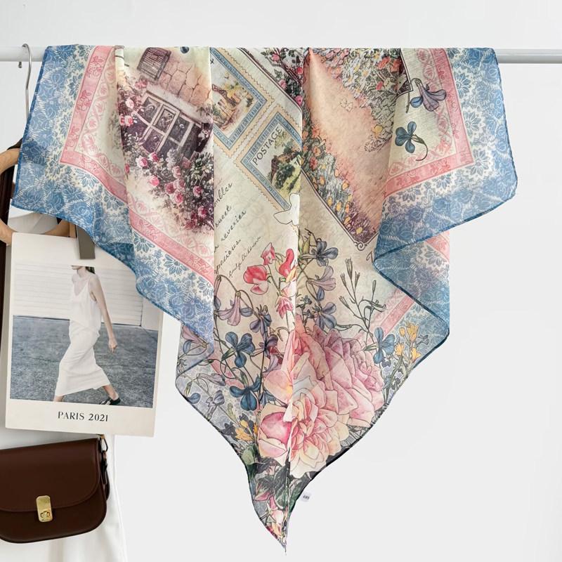 Atmosphere Blue Cashew Flower Silk Scarf 91 Series Neck Large Square Scarf Women's Scarf Seaside Baotou Scarf Sunscreen Shawl