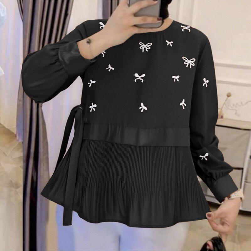 

ZANZEA Женская повседневная блузка с круглым вырезом, длинным рукавом, принтом и плиссировкой 2XL