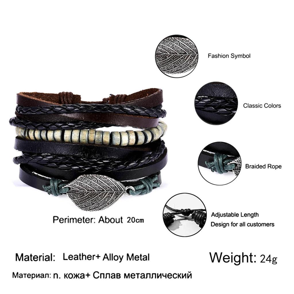 Vintage Multi-layer Feather Star Leather Bracelets For Men Hand-knitted Leaves Rope Wrap Wristband Bracelet Ethnic Party Jewelry