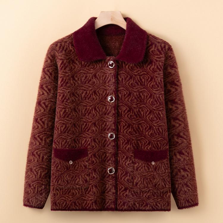 Cardigan Pull de Printemps de Grand-mère Revers Printemps Automne Âge Moyen et Personnes Âgées Mère Porte Vestes Tricotées Vêtements Âgés Plus Velours