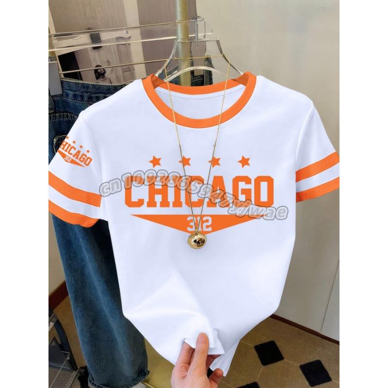 Womens Short Sleeve Color-Block CHICAGO NO.32 Print Y2k T Shirt Girl Round Neck Tee Outdoor Sports Adult Women's T-Shirt