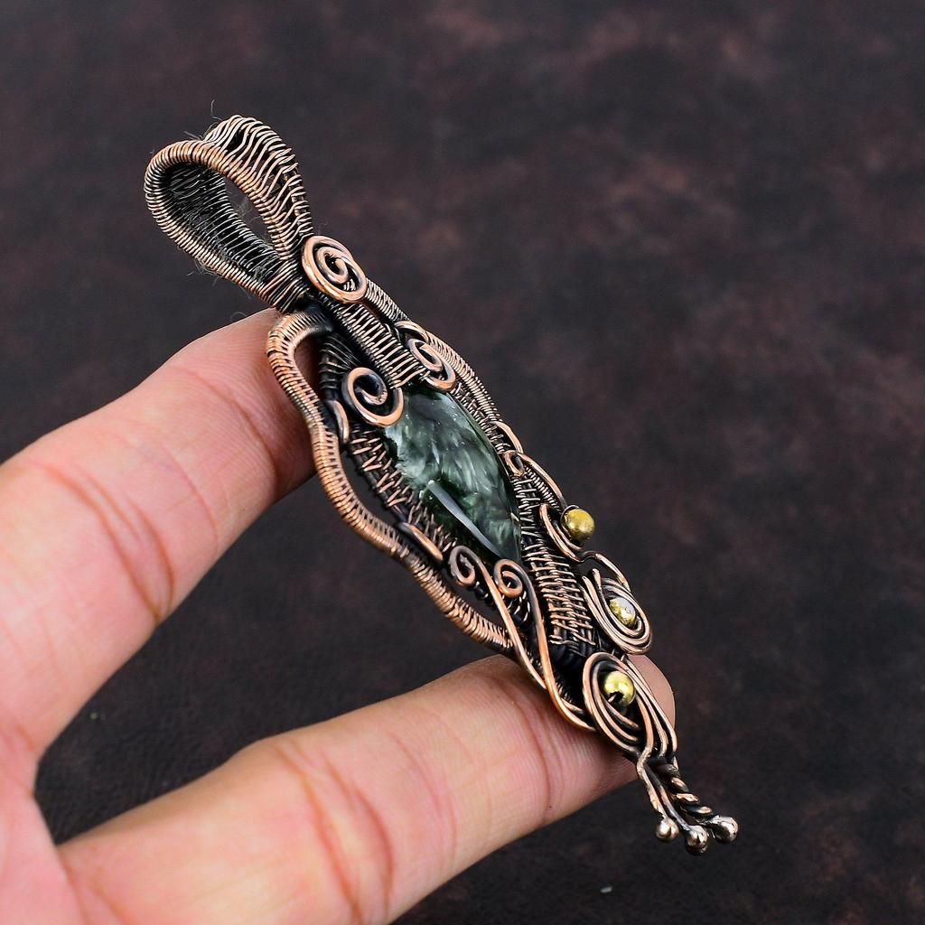 Seraphinite Pendant Copper Wire Wrapped Pendant Handmade Pendant Copper Gemstone Jewelry Unique Style Pendant Gift For Him Wire Wrap Jewelry