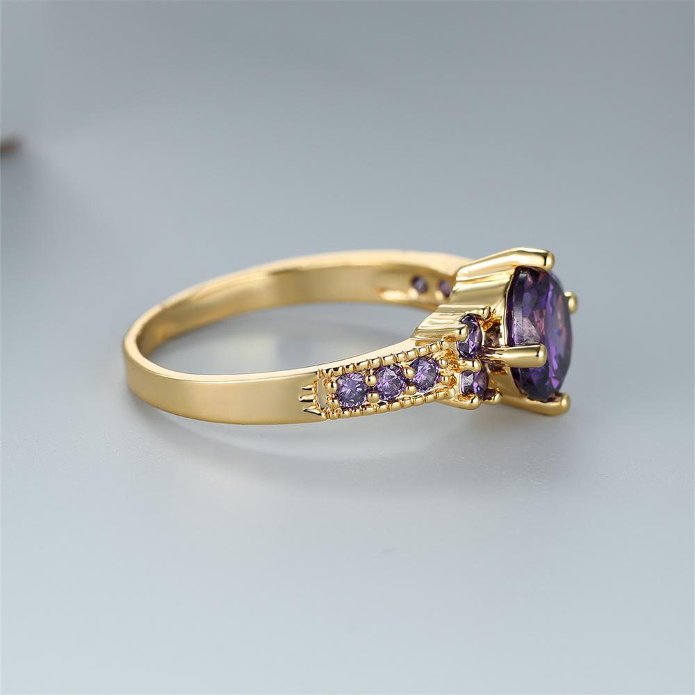 Purple Crystal Round Stone Engagement Rings For Women Vintage Gold Color Wedding Band Charm Birthstone Jewelry Fashion Accessory