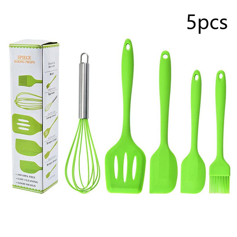 5Pcs Silicone Kitchen Cooking Utensils Set Non-Stick Flexible Kitchen Tools With Cake Spatula Whisk Oil Brush And Cooking Shovel