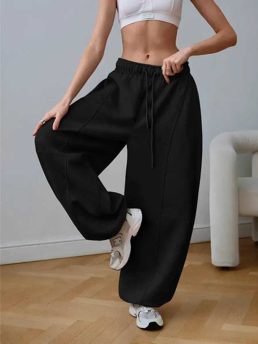 2026 cross-border new casual women s clothing street style lace-up trousers y2k loose fashion waist wide-leg trousers women S чёрный