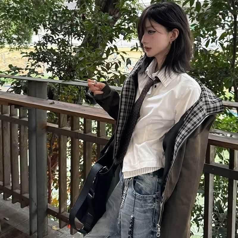 Unisex Retro Harrington Jacket – Plaid Lapel, Patchwork Design, Short Workwear Style for Spring/Autumn