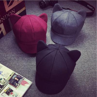 Women Winter Autumn Unique Cute Wool Felt Cat Ears Hat Cap Christmas Fodoras Bucket Caps