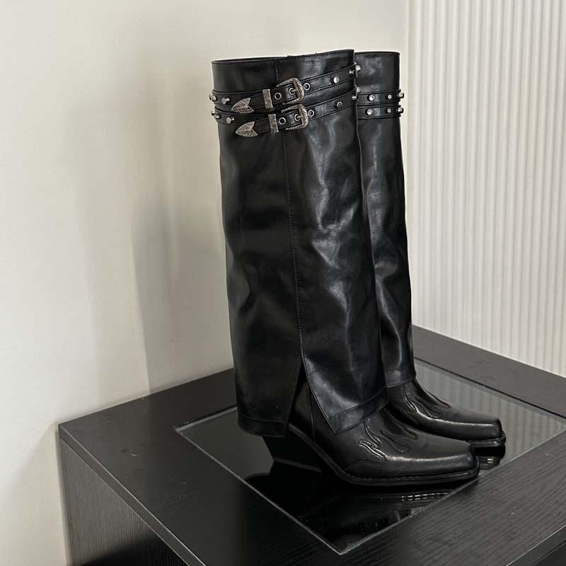 Design American Spice Girl Vintage Riveted Knight Boots Skinny Boots Pile Boots Long Boots Small Women's Boots Pants Boots