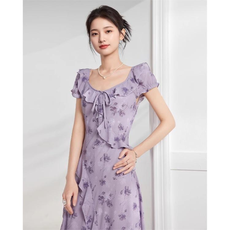 Niche design French ruffle leaf edge summer new royal sister female mature temperament floral thin dress S