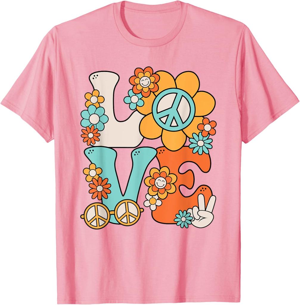Hippie Peace Love Flower  70s Style  Print Cotton T-Shirt Casual Trip Tee for Women