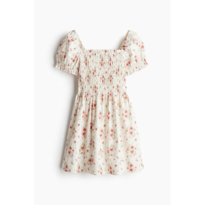 

HM Women s Clothing Florals Dress French Square Collar Puff Sleeve Pleated Poplin Stylish Floral Skirt 1274547 White/Red Florals 175/116