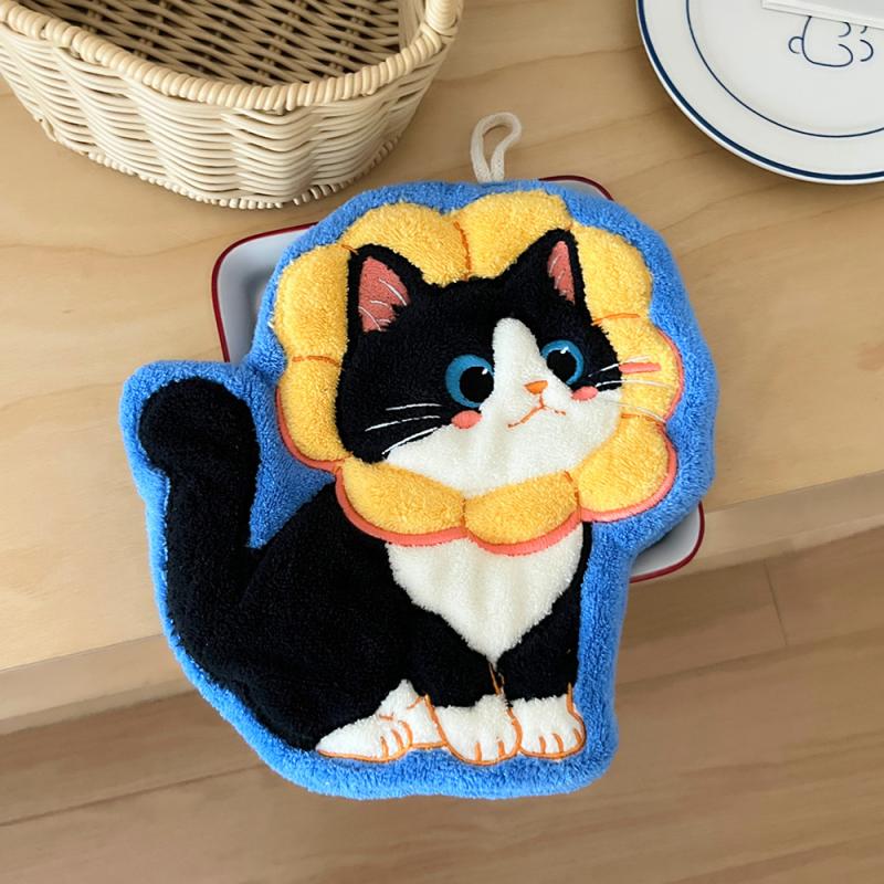 Cartoon Coral Velvet Hand Towel For Kitchen Kawaii Cat Hand Wipe Cleaning Cloth Bathroom Hanging Towel Absorbent Clean Rag