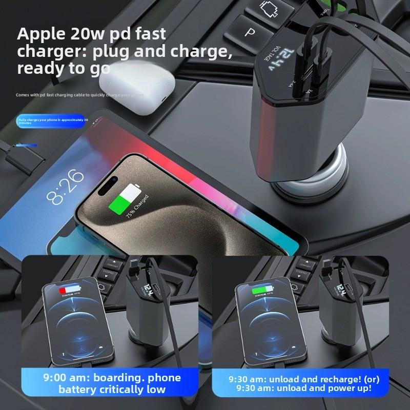 Cargador de coche 120W retráctil 4 en 1 adaptador de carga rápida universal para dispositivos móviles