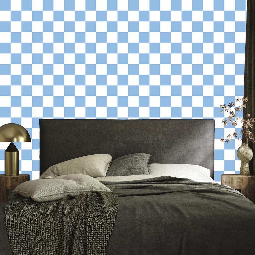 Azure and White Checkerboard Wallpaper for Living Room and Bedroom 50x1000
