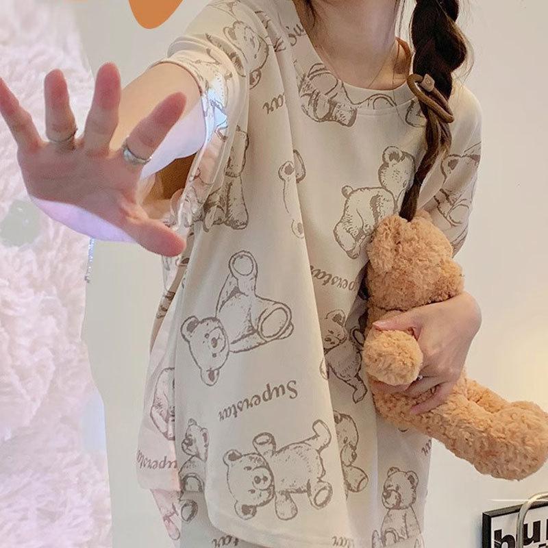 Soft and girlish Teddy Bear cartoon pajamas for women, summer thin cotton short-sleeve set, loose long pants, loungewear suitable for outerwear