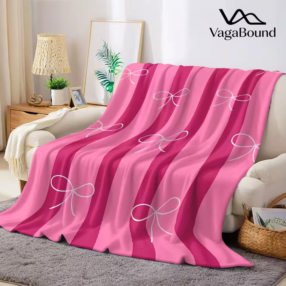 Pink Bow Flannel Blanket Warm Soft Halloween Christmas Decorative Couch Warm Cozy All-Season Gift
