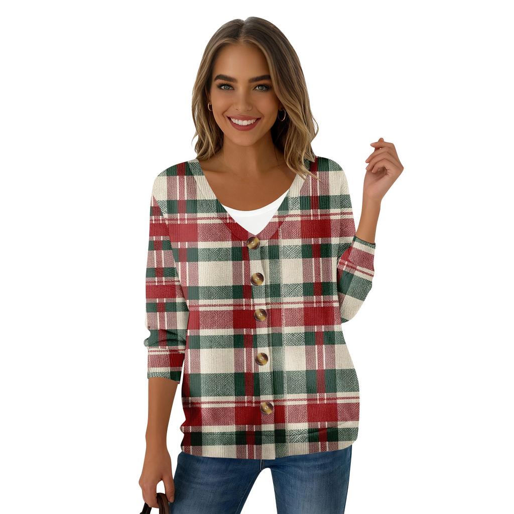 Damemote Langermet Christmas Snowman Snowflake Print Jakke Cardigan