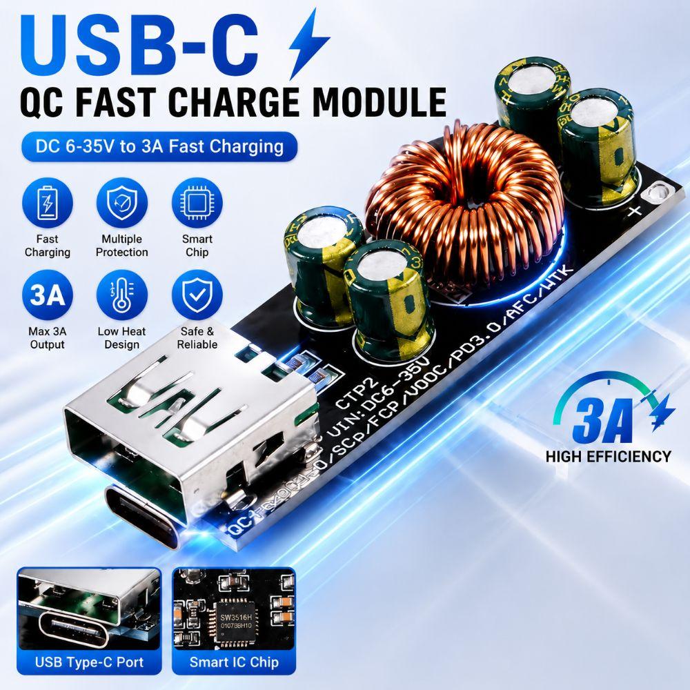 60W 6-35V Fast Charging Module USB Type C Quick Charge Adapter Step-Down Power Module Mobile Phone