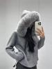 Women's Hooded Zipper Khaki Sweater Cardigan Fur Hat White Knitted Cardigan Furry Hat Knitted Jacket Women's Warm Black Sweater Lining Autumn Winter