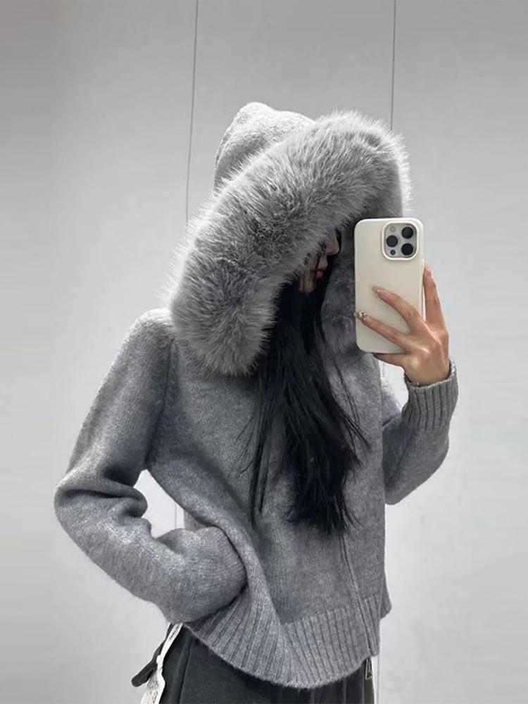 Women's Hooded Zipper Khaki Sweater Cardigan Fur Hat White Knitted Cardigan Furry Hat Knitted Jacket Women's Warm Black Sweater Lining Autumn Winter