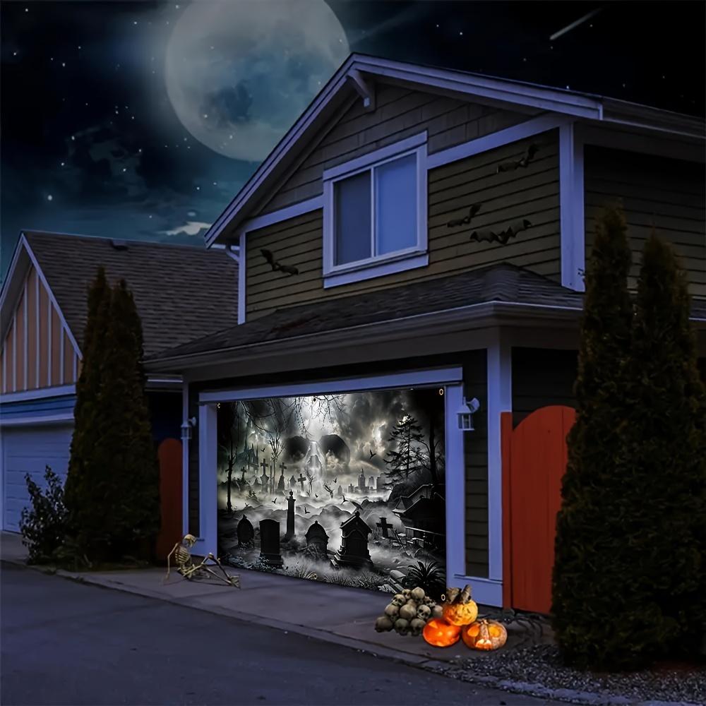 Halloween Garage banner - Durable polyester eerie cemetery and giant skull design Halloween horror party