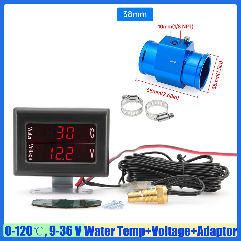 MAIMEIMI Red LED Digital 0-120℃ Water Temperature+Voltage Auto Car Mini Dual Water Temp Gauge with Sensor Adapter 26-40mm