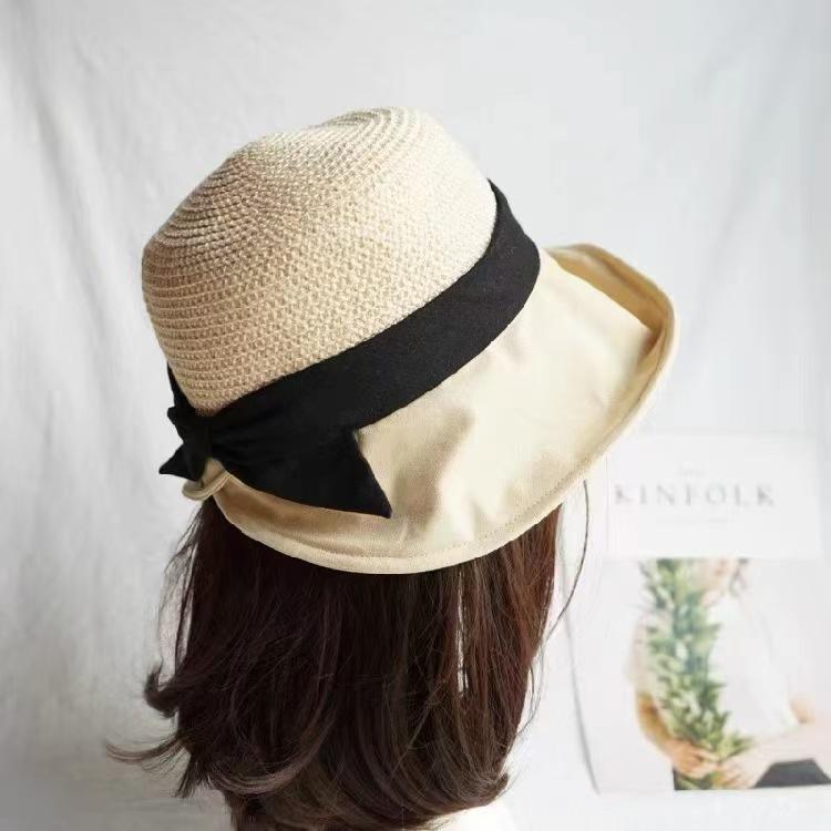 Cotton And Linen Bucket Hat Japanese Japanese Linen Bow French Elegant Retro Beach Folding Straw Hat