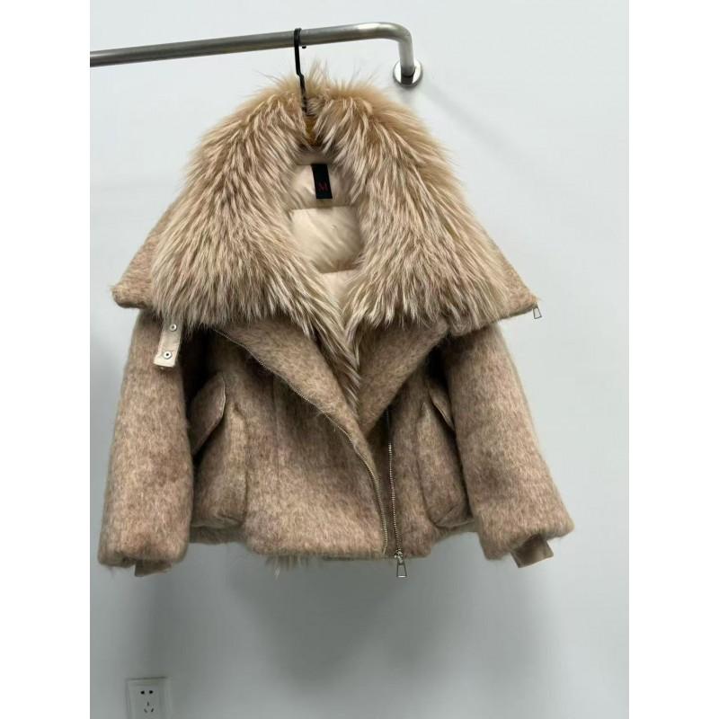 Womens Short Down Coat 2026 Winter Luxury Raccoon Fur Collar Wool Blend Oversized Warm Puffer Jacket