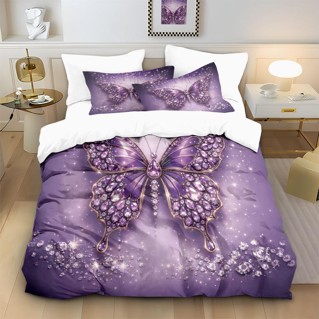 3pcs Purple Butterfly Printed Coreless Duvet Cover Set, Multi Size Bedroom Bedding Decoration, Machine Washable