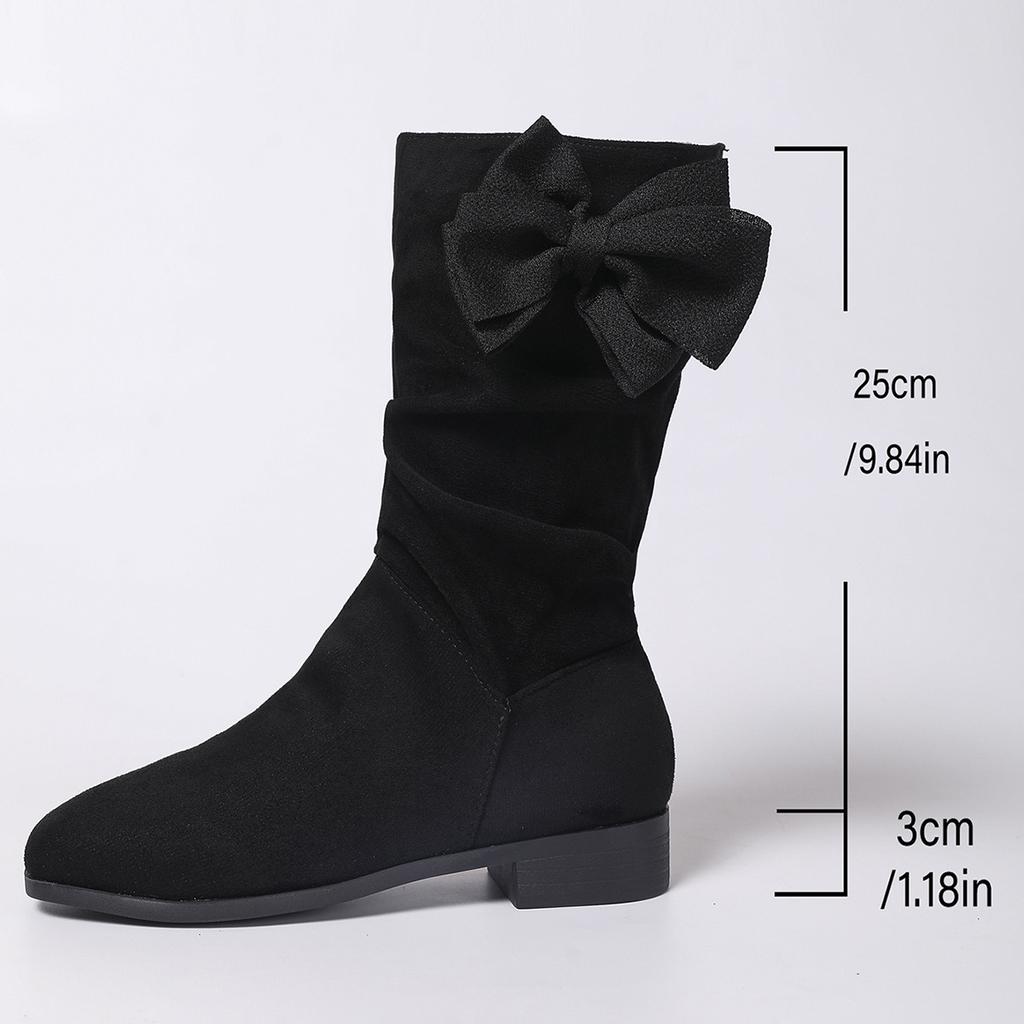 Fashion 2025 Autumn New Women's Mid-calf Boots Slip on Pleated Bowknot Short Boots Fashion PU Suede Ladies Botas Para Mujer Large Size36