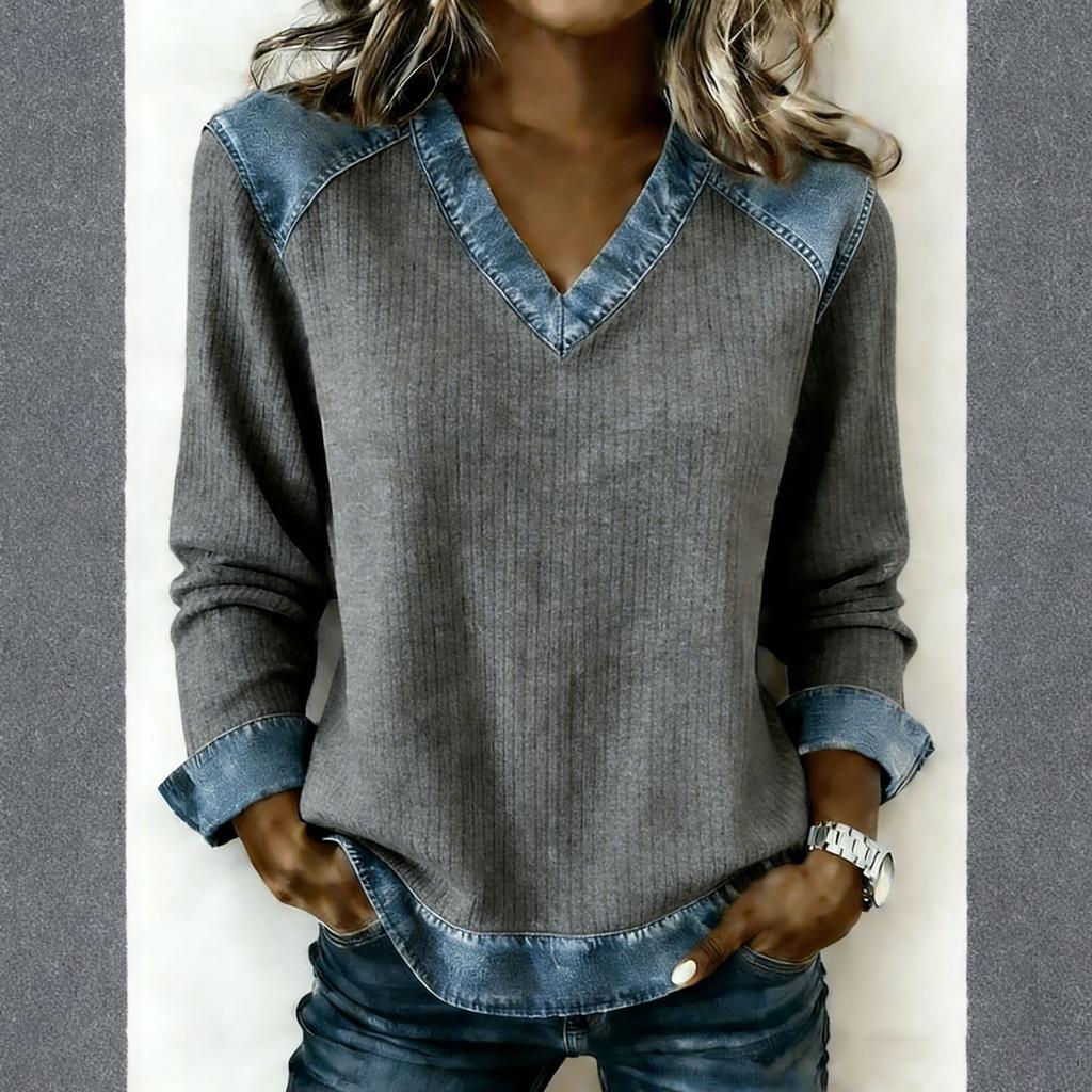 Damen lockeres V-Ausschnitt Langarm Denim Rippstrick Top