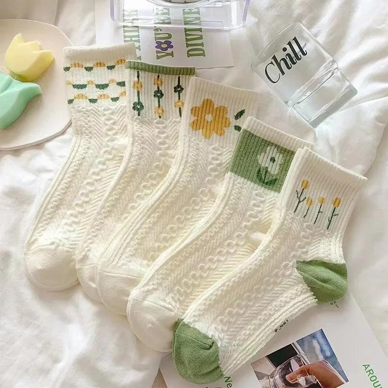 5 Pairs Lot Women Socks Cotton Japanese Korean Style Cute Flower Print Hajuruku Kawaii Floral Breathable Casual Sweet Socks