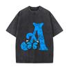 Blue Butterfly Letter A Monogram Floral Style Washed Vintage Short Sleeve Loose Streetwear Tee