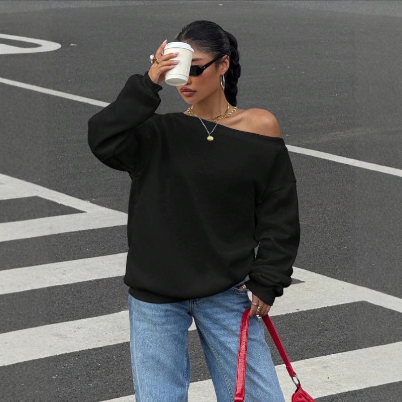 Women S Loose Off Shoulder Solid Color Pullover Sweatshirt
