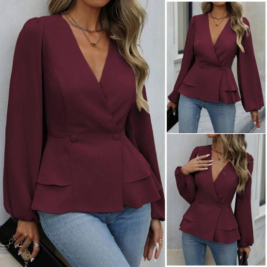 Women Tops V Neck Long Sleeve Slimming Blouse Waist Tight Ruffle Trim Hem Solid Color Shirt Tops Daily Wear
