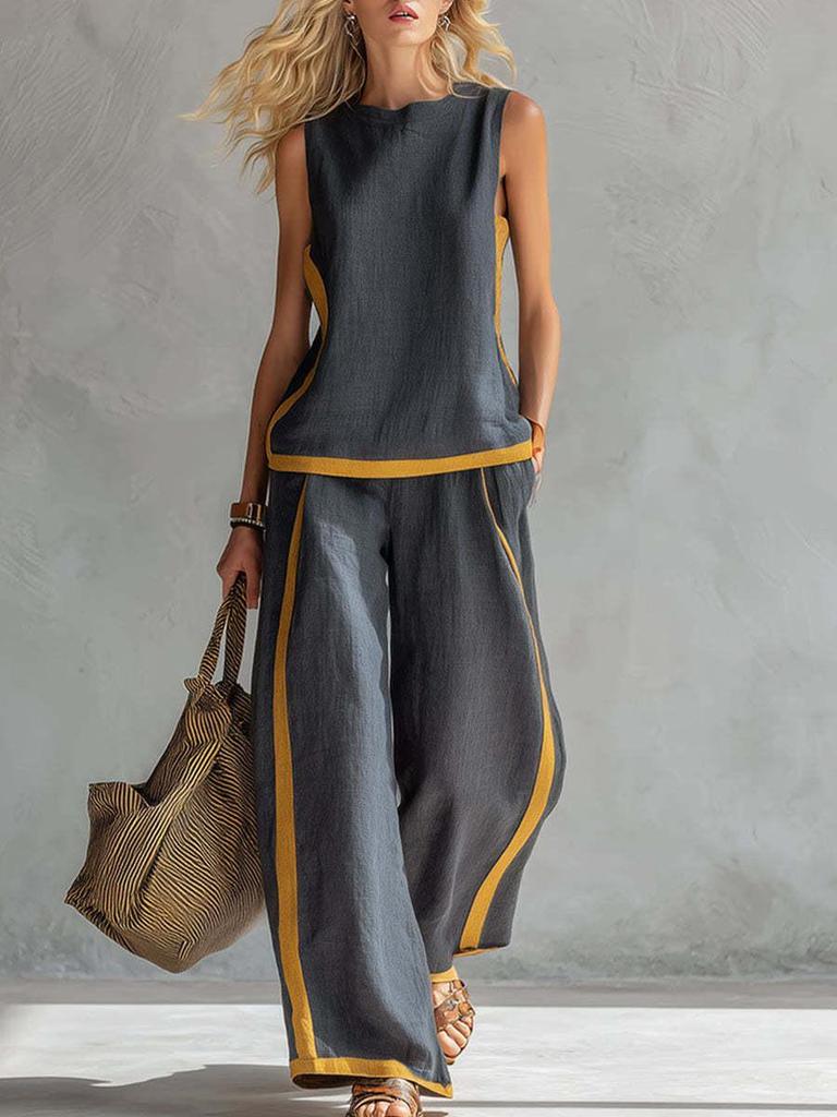 2026 Women's Spring/Summer Color Block Sleeveless Vest & Wide-Leg Pants Set