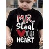 Tailles européennes Garçons M. T-shirt 'Steal Your Heart' - Joli T-shirt imprimé cœur pour la Saint-Valentin avec Mr. Lettre 'Steal Your Heart', Col Rond Décontracté Été
