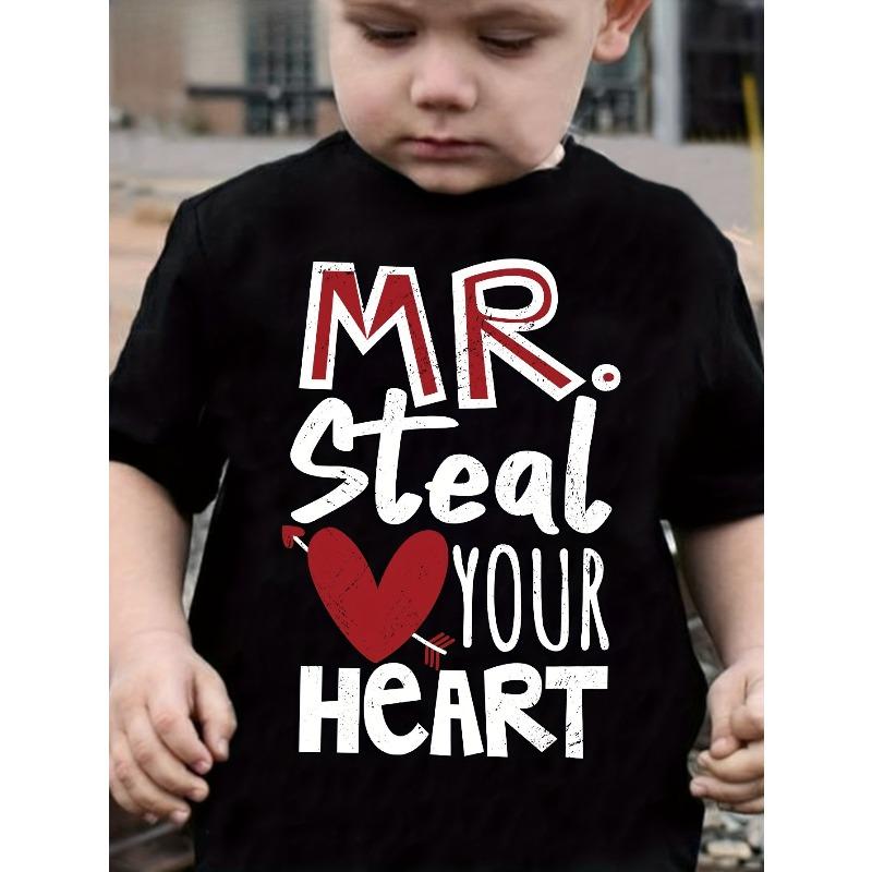 European sizes Boys Mr. Steal Your Heart T-Shirt - Cute Valentine s Day Heart Print Tee with Mr. Steal Your Heart Lettering, Round Neck Casual Summer 98cm